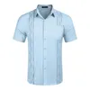 Camisas casuais masculinas Camisa de linho de linho curta masculina Tops Cuban Tops Pocket Guayabera Apparel girando 50 T para homens