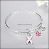Charm Bracelets Pink Ribbon Breast Cancer Adjustable Love Heart Bracelet Bangle For Women Care Survivor Jewelry Gifts Drop Delivery Otvxe