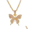 Pendant Necklaces Statment Big Butterfly Necklace Hip Hop Iced Out Rhinestone Chain For Women Bling Tennis Crystal Animal Choker Jew Dh23O
