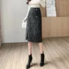 Röcke Perle Knöpfe Tweed Rock Büro Dame Midi Elegante Hohe Elastische Taille Woll Schlank Herbst Winter Vintage Schlitz O439