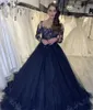 Яготые синие выпускные платья винтажные прозрачные длинные рукава A-Line Tule Lace Applique Crystal Вечерние платья Формальные Vestidos de 2023