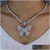 Pendant Necklaces Statment Big Butterfly Necklace Hip Hop Iced Out Rhinestone Chain For Women Bling Tennis Crystal Animal Choker Jew Dh23O