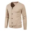 Camisolas masculinas homens camisola casaco outono inverno coreano fino ajuste cardigan de malha manga longa único breasted v-pescoço cor sólida