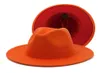 New Orange with Red Bottom Fedora Hats Women Whole Faux Wool Wide Brim Two Tone Jazz Hat Men Panama Party Wedding Formal Hat249P9752224