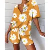 Kvinnors spårsätt Floral tryck Löst sömnkläder Korta uppsättningar Kvinnor Casual Vintage V Neck Hylsa Top TowrString 2 Piece Set Yellow Clothes