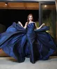 Navy Sheath Prom Dresses Pleated Strapless Neckline Evening Gowns With Detachable Train Satin Special Occasion Formal Wear