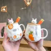 Mugs Ins Cartoon Radish Wooden Cover Ceramic Cup Lovely Girl With Spoon Water Mug Family Student Couple