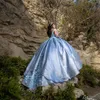 Hellblaues Quinceanera-Kleid, Ballkleid, Applikationen, 3D-Blumen, Spitze, schulterfrei, Luxus-Kleider, Sweet 16, Vestidos De Fiesta