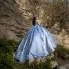 연한 파란색 Quinceanera 드레스 볼 가운 아플리케 3D 꽃 레이스 어깨 고급 가운 달콤한 16 vestidos de fiesta