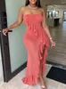 Casual Jurken Bandeau Ruffle Zoom Hoge Split Maxi Jurk Vrouwen Sexy See Through Mesh Party