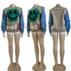 W0023 Autumn and Winter New Women's Sweaters Denim Stitching Smiley Knit Coat