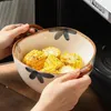 Bowls 9-inch Large Ceramic Ramen Bowl Flower Noodle With Handle Household Tableware Microwave Oven Dishwasher
