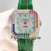 TWF tw0048 M8215 Orologio automatico da uomo 40MM Colore ghiacciato Lunetta con diamanti pavé di diamanti Quadrante verde Marcatori romani Cinturino in pelle Super Edition Orologi eterni