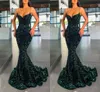 Vestidos de baile de sereia verde escuro para mulheres espaguete tiras de pescoço de pescoço comprimento de lantejoulas de desgaste formal vestidos de festa de festas de festas de ocasião spéica personalizada