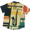 Camisas casuais masculinas Instrumentos musicais masculinos havaianos 3D Impresso tops de praia de manga curta solta