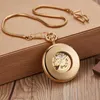 Pocket Watches Smooth Retro Round Golden Mechanical Watch Men Fob Chain Exquisite Sculpture Copper Automatic Male Gifts