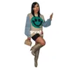 W0023 Autumn and Winter New Women's Sweaters Denim Stitching Smiley Knit Coat