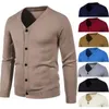 Camisolas masculinas homens camisola casaco outono inverno coreano fino ajuste cardigan de malha manga longa único breasted v-pescoço cor sólida