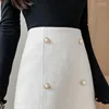 Röcke Perle Knöpfe Tweed Rock Büro Dame Midi Elegante Hohe Elastische Taille Woll Schlank Herbst Winter Vintage Schlitz O439