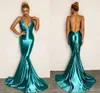 Eenvoudige crêpe zeemeermin prom gelegenheid jurkt 2023 riemen backless groenblauw blauw geplooide fishtail avondreceptie jurk