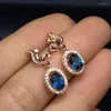 Stud Earrings Natural Blue Topaz Lovely Cute Flame Flower Gemstone S925 Silver Women Girl Party Gift Jewelry