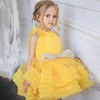 Vestidos de niña amarillo marfil hinchado bebé arco cuello alto primera comunión niños vestido hasta la rodilla flor boda