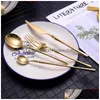 Dinnerware Sets Bright Gold 18/10 Stainless Steel Luxury Cutlery Tableware Knife Spoon Fork Chopsticks Flatware Set Dishwasher Drop Dhfwu