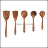 Flatware Sets 5Pcs Wooden Spoons For Reusable Wood Kitchen Utensils Set Turner Spata Rice Spoon Big Soup Scoop Cooking Drop Delivery Otvlu