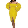 Casual Dresses African Ladies Sexy Womens Off the Shoulder Puff Sleeve Bodycon Split Mid Calf Evening Party Dinner Vestidos Mujer trasa