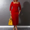 Sıradan Elbiseler Zarif Ofis Bayanlar Midi Elbise Piled Katı Bodycon Square Boyun Moda Resmi İş İş Giyim Lüks 2022 Ol