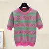 Women's Knits 2022 Summer Diamonds Knitted Sweater Tees Women Contrast Color Plaid Loose Pullover Top Short Sleeve O-neck Knit Tops Sweaters