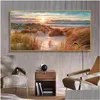 Paintings Beach Landscape Canvas Painting Indoor Decorations Wood Bridge Wall Art Pictures For Living Room Home Decor Sea Sunset Pri Dh0Pb