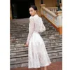 Womens o-neck puff long sleeve crochet lace short top and high waist ball gown hollow out skirt 2 piece dresses suit twinset SML