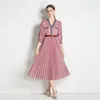 Women Boutique Dress Long Sleeve Printed Dress 2023 Spring Autumn Pleated Dress High-End Temperament Lady V-Neck Dresses