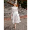 Womens o-neck puff long sleeve crochet lace short top and high waist ball gown hollow out skirt 2 piece dresses suit twinset SML