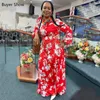 Повседневные платья 4xl 5xl Негабаритное африканское платье красное цветочное печатное с длинным рукавом.