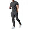 Gymkläder 1 Set Men Top Pants Solid Color T-shirt Trousers Crew Neck Drawstring