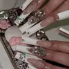 False Nails 24st Löstagbara Crystal Fake Nials Press On Long French Ballerina