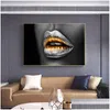 Paintings Golden Lips Painting Canvas Prints Sexy Woman Mouth Wall Pictures For Living Room Modern Home Decor Black Sliver Cuadros D Dhtbd