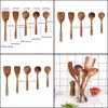 Flatware Sets 5Pcs Wooden Spoons For Reusable Wood Kitchen Utensils Set Turner Spata Rice Spoon Big Soup Scoop Cooking Drop Delivery Otvlu