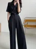 Women's Two Piece Pants Vintage Blazer Suits For Women Set Outfits Short Sleeve Suit Jacket Crop Top Wide Leg Ensemble Femme 2 Pieces