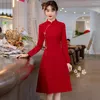 Этническая одежда китайское традиционное платье Qipao для женщин Ретро Улучшение с длинным рукавом Red Cheongsam CNY