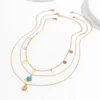 Boheemse ketting blauwe steen geometrische schaal lovertjes hanger goudkleur lange legering ketting choker statement ketting kraag femme