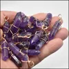 Charms Amethyst Stone Pelar Shape Point Pendum Handgjorda guldfärg järntråd hängen för modesmycken som gör grossist drop del dhbor