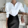 Damskie bluzki biuro dama praca puff rękawa biała czarna elegancka elegancka nutka długa samica samica vintage koreański styl swobodny blusas mujer