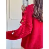 Kvinnors blusar Höst och vinter 2022 Designkänsla Tjock nålrock röd utsmyckning Ålder Minska jultröja kvinnlig