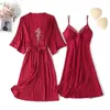 Kadınların Sweetwear Seksi 2pcs Nighty Bandrobe Uyku Takım Kadın Saten Dantel Çiçek Kimono Robe Elbise Setleri Bahar Göğüs Padleri Gecikür