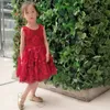 Abiti da ragazza LZC023 Concorso di bellezza per bambini con fiori e scollo a O senza maniche con vino rosso