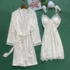 Vêtements de nuit pour femmes Sexy broderie dentelle garniture Robe fronde chemise de nuit 2 pièces décontracté mariée mariage Homewear vêtements de nuit Kimono Robe de bain