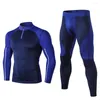 Gym Clothing Men's Quick Dry Fitness Suit High Stretch Tight Training Long Sleeve T-shirt Tracksuit Trousers Two Pieces Set Blue